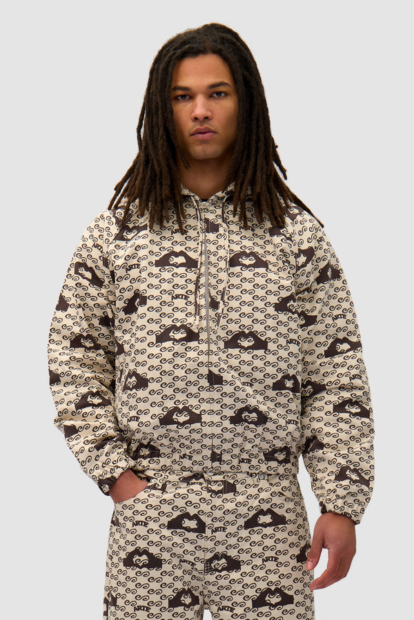 Hand Heart Print Jacket in Cream/Brown worn by a model, half-body front view