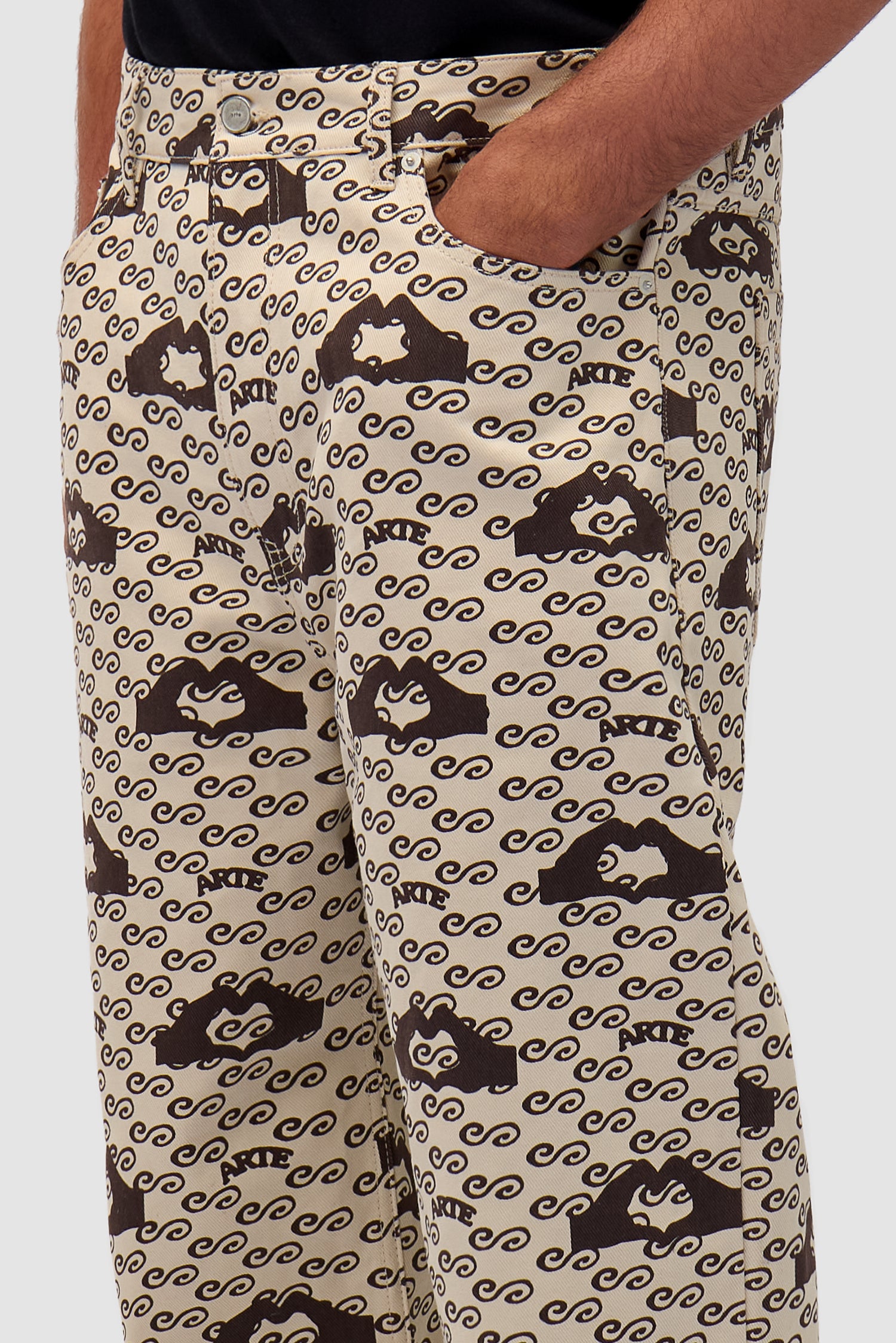 Hand Heart Print Pants - Cream/Brown