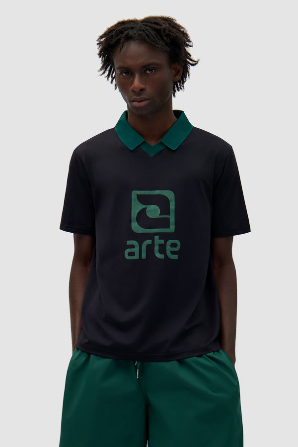 Logo Collar T-shirt in Black/Green worn by a model, half-body front view