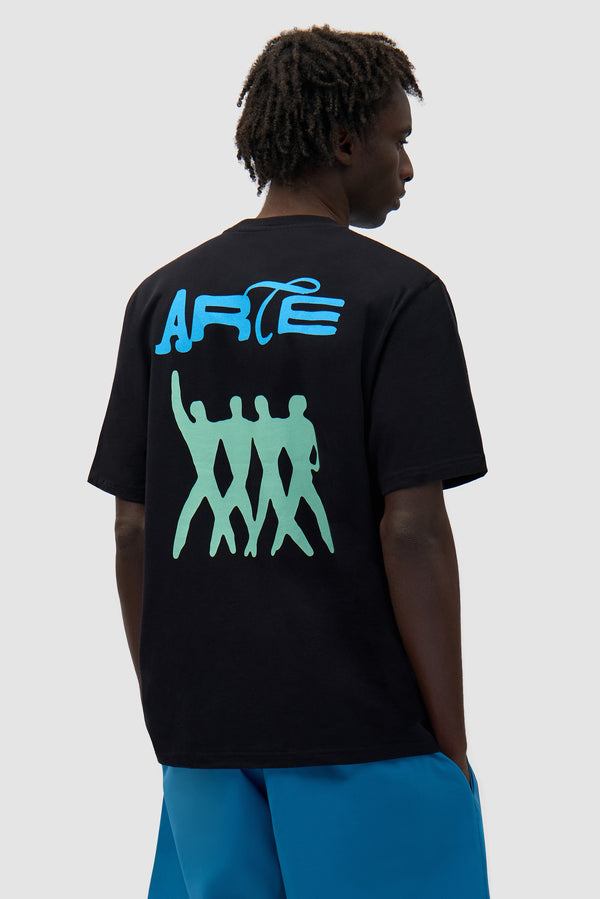 Back Logo People T-shirt in Black worn by a model, half-body back view