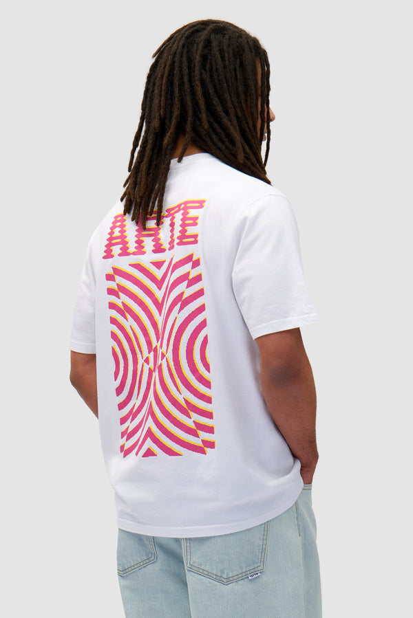 Mural Back Print T-shirt in White worn by a model, half-body back view