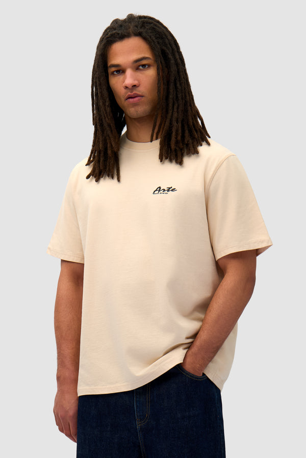 Multicolor Print T-shirt in Cream worn by a model, half-body front view