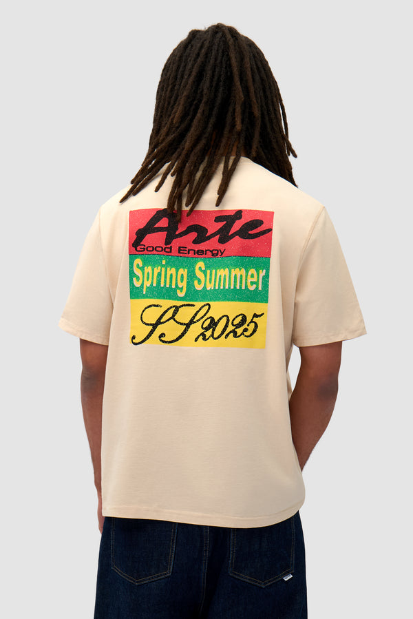 Multicolor Print T-shirt in Cream worn by a model, half-body back view