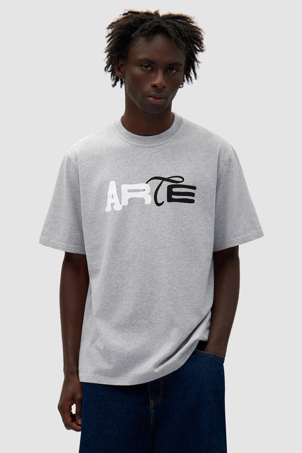 Duo Print Logo T-shirt in Grey worn by a model, half-body front view