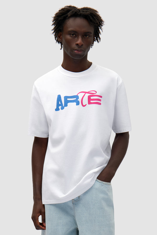 Duo Print Logo T-shirt in White worn by a model, half-body front view