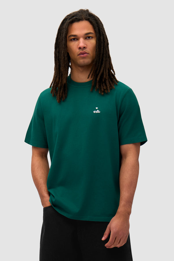 Heart Logo T-shirt in Green worn by a model, half-body front view