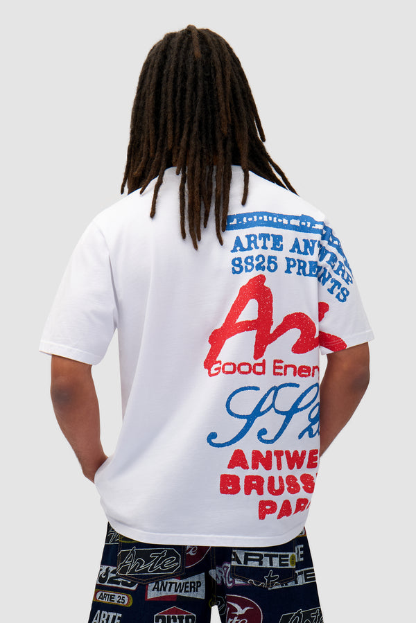Side Print T-shirt in White worn by a model, half-body back view