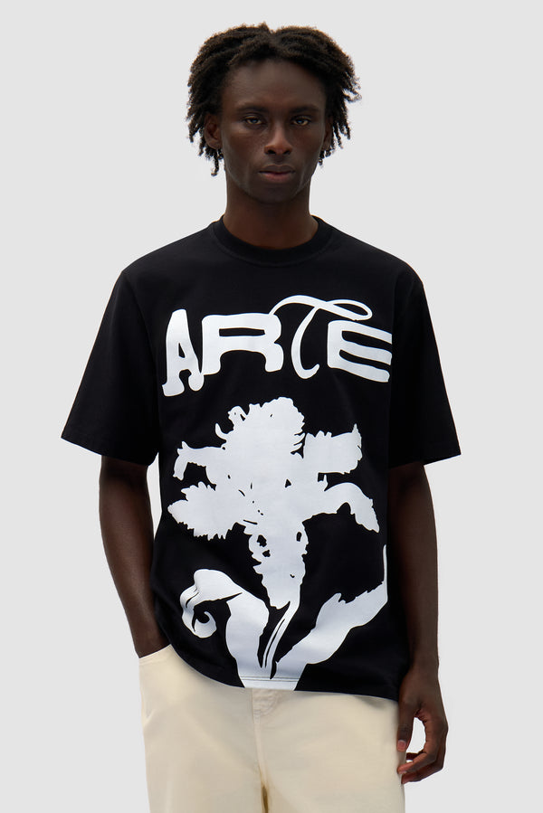 Big Flower T-shirt in Black worn by a model, half-body front view