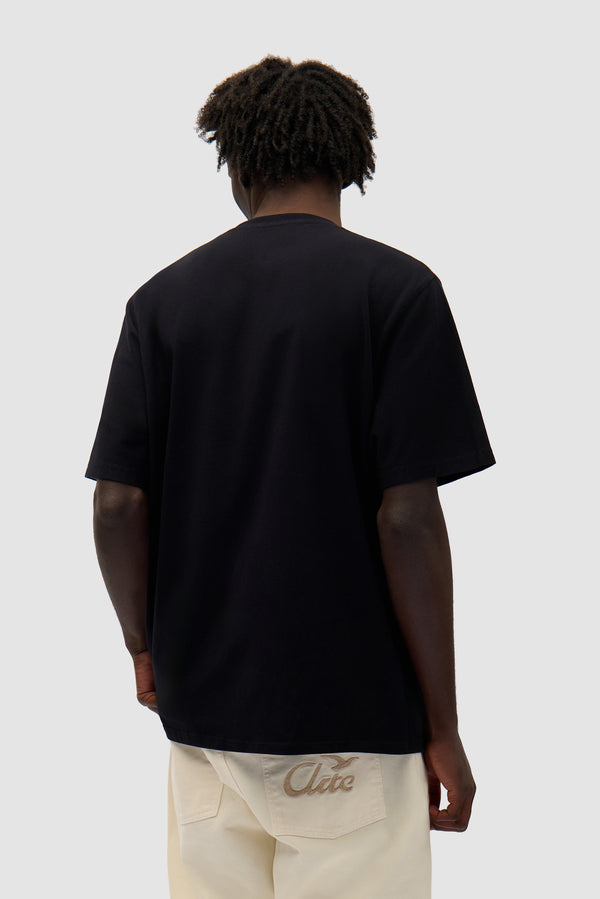 Big Flower T-shirt in Black worn by a model, half-body back view