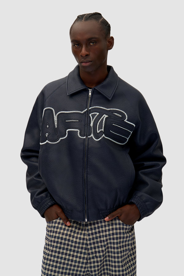 Big Logo Leather Jacket in Navy worn by a model, half-body front view