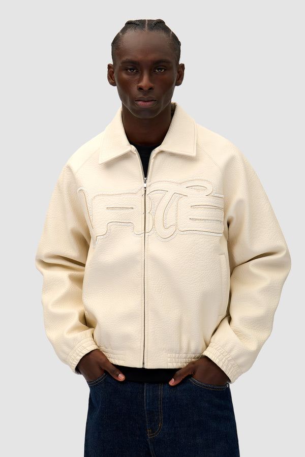 Big Logo Leather Jacket in Cream worn by a model, half-body front view