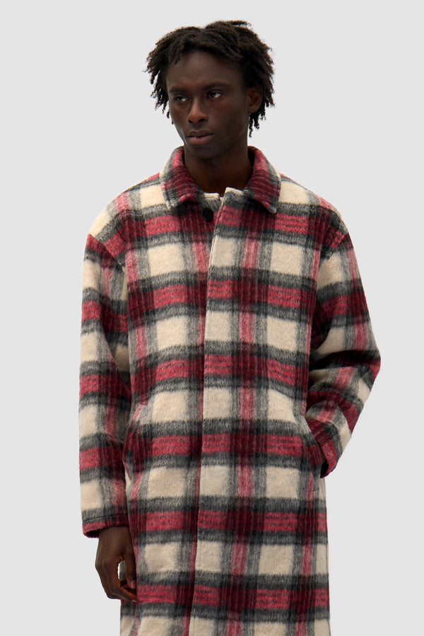 Plaid Coat in Plaid worn by a model, half-body front view
