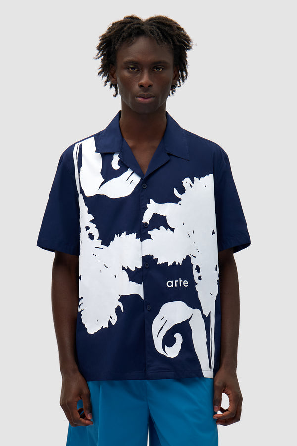 Big Flower Shirt in Navy/White worn by a model, half-body front view