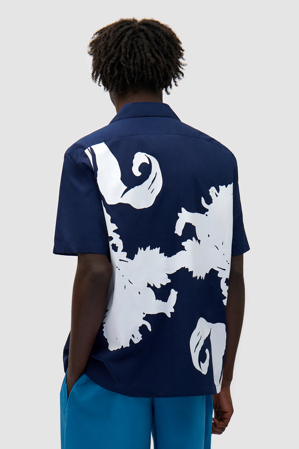 Big Flower Shirt in Navy/White worn by a model, half-body back view