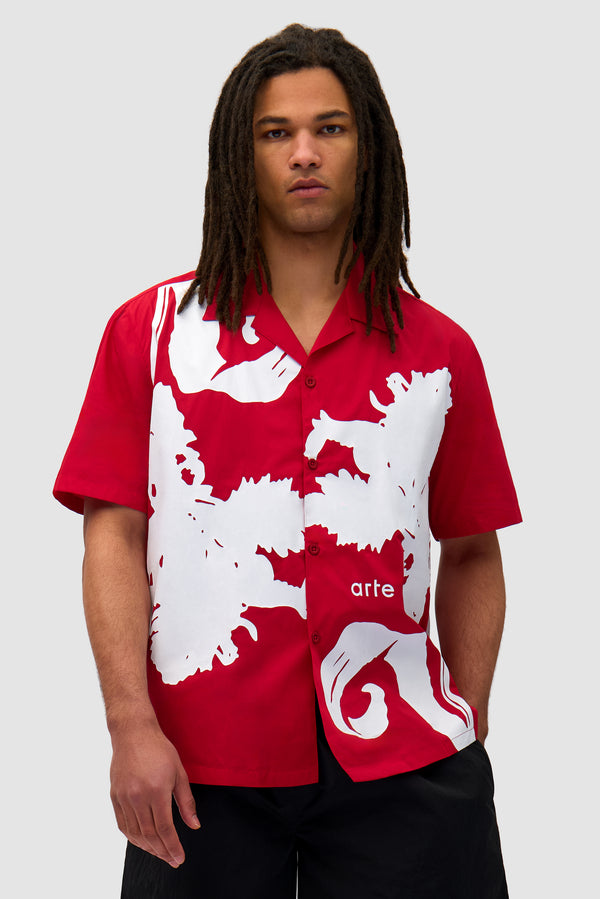 Big Flower Shirt in Red/White worn by a model, half-body front view