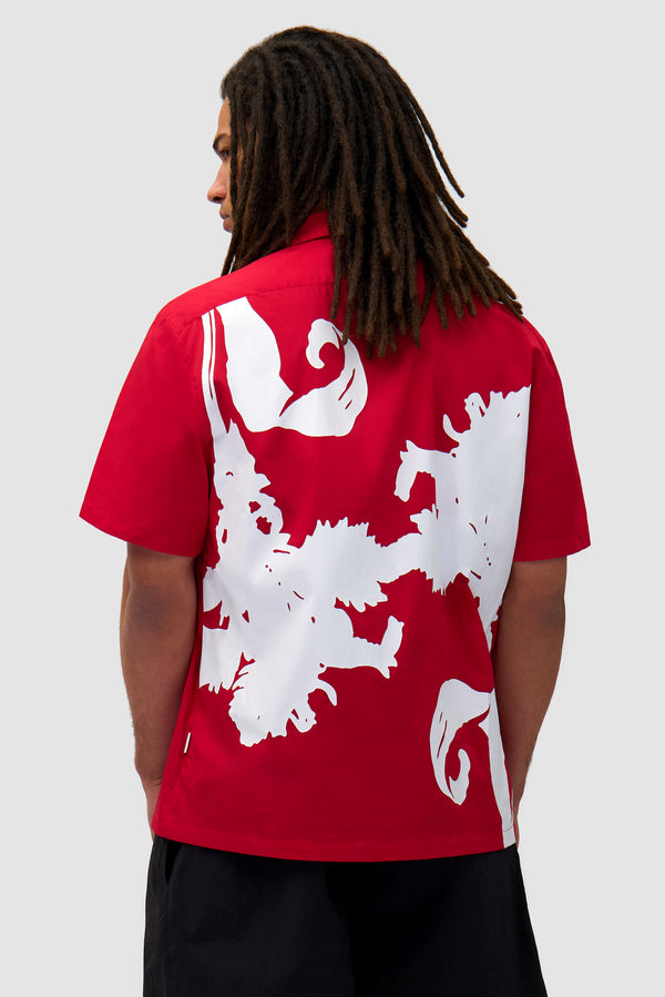Big Flower Shirt in Red/White worn by a model, half-body back view
