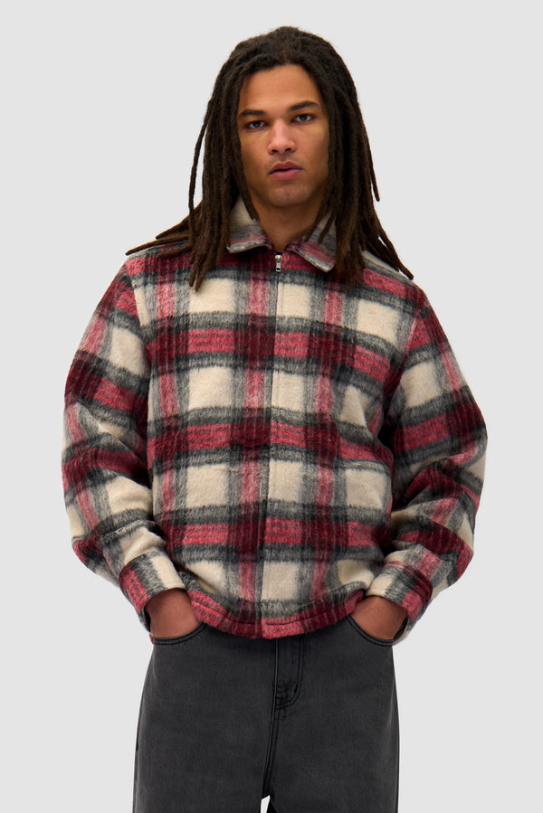 Plaid Zipper Shirt in Plaid worn by a model, half-body front view