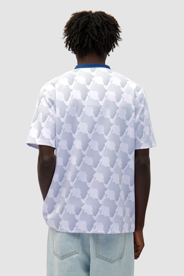 Footbal Shirt in White/Navy worn by a model, half-body back view