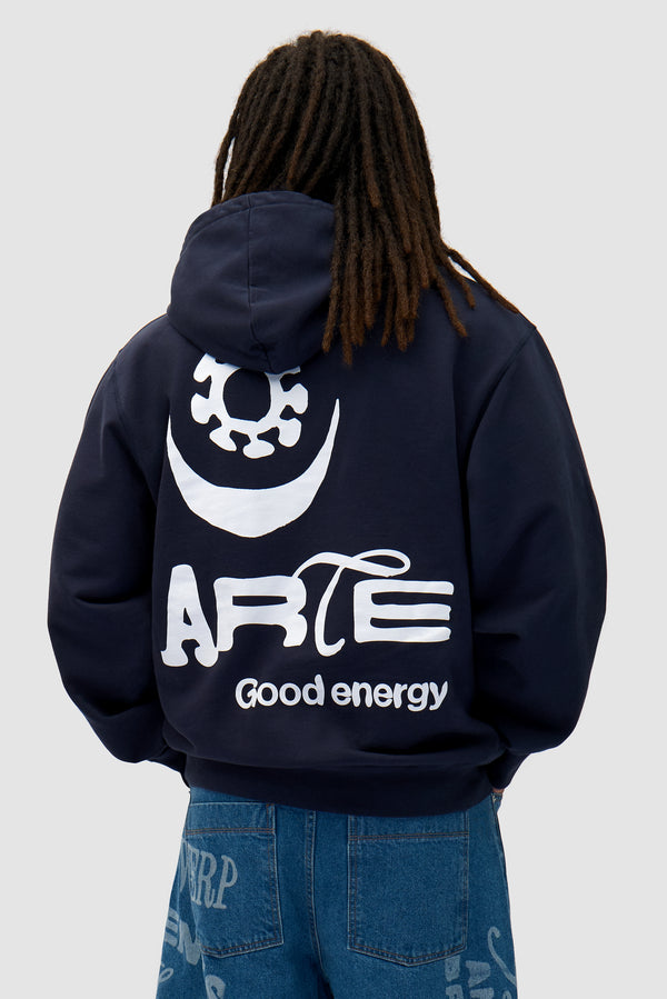 Back Sun & Moon Hoodie in Navy worn by a model, half-body front view