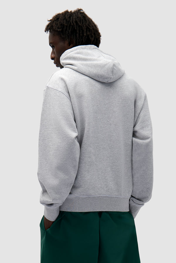 Duo Logo Hoodie in Grey worn by a model, half-body back view