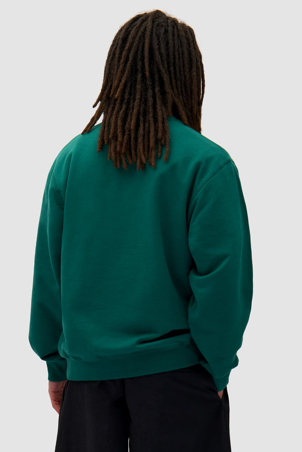 Bird Logo Crewneck in Green worn by a model, half-body back view