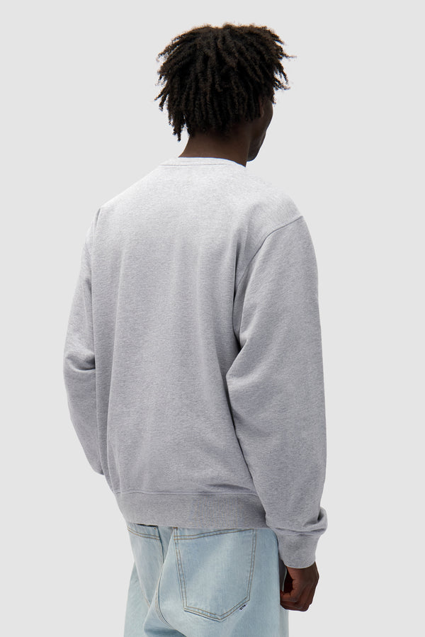 Bird Logo Crewneck in Grey worn by a model, half-body back view