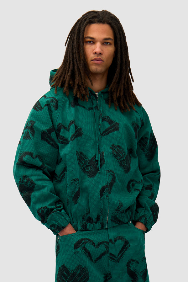 Hands Print Jacket in Green worn by a model, half-body front view