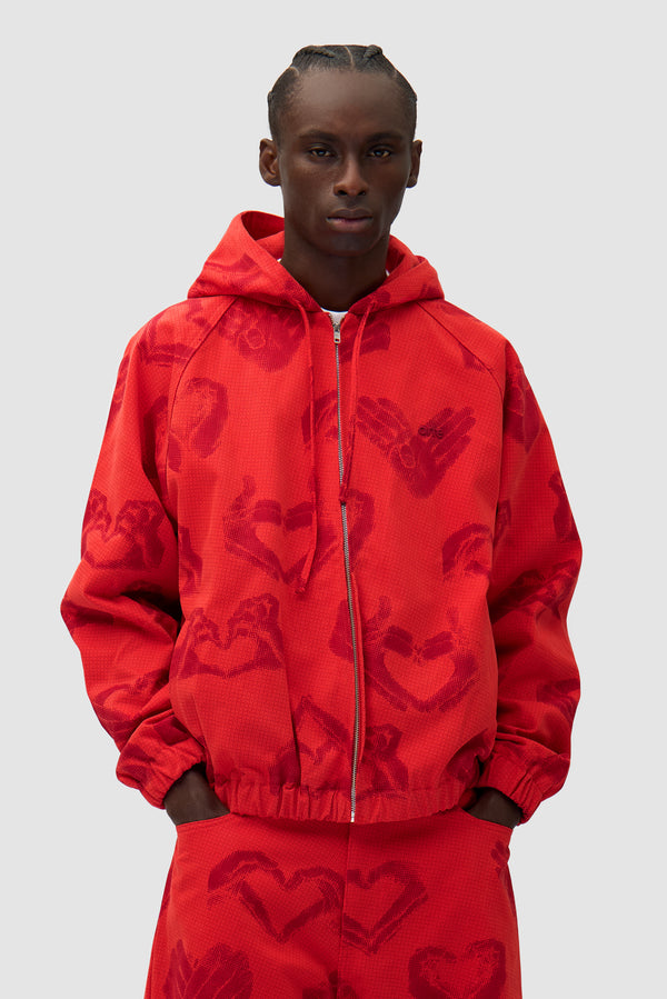 Hands Print Jacket in Red worn by a model, half-body front view
