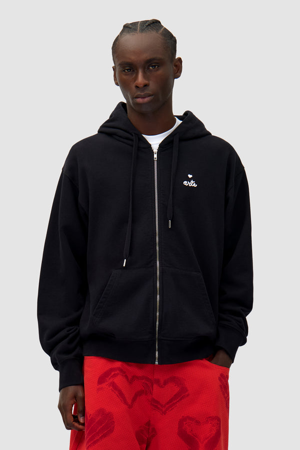 Heart Zip Hoodie in Black worn by a model, half-body front view