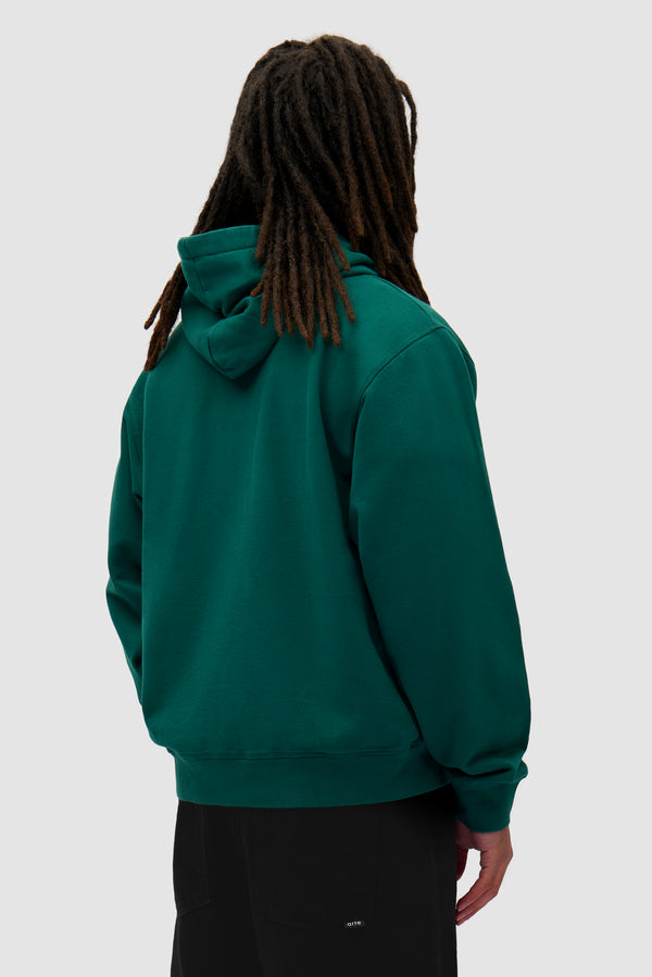 Heart Zip Hoodie in Green worn by a model, half-body back view