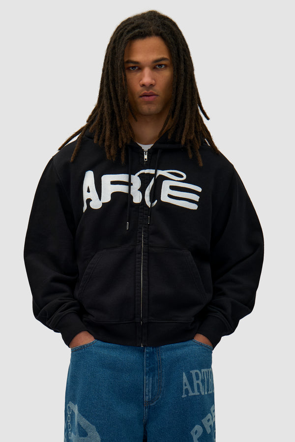 Energy Zip Hoodie in Black worn by a model, half-body front view