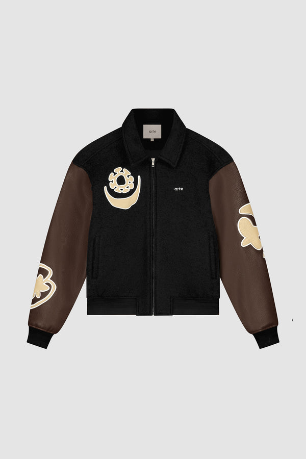 Varsity Jacket in Black/Brown, front view