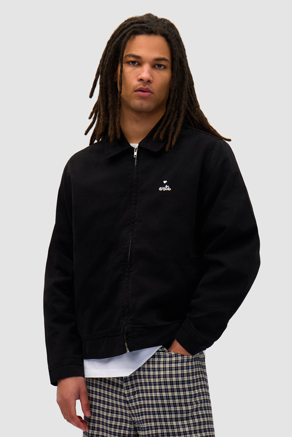 Heart Logo Jacket in Black worn by a model, half-body front view