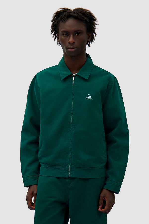 Heart Logo Jacket in Green worn by a model, half-body front view