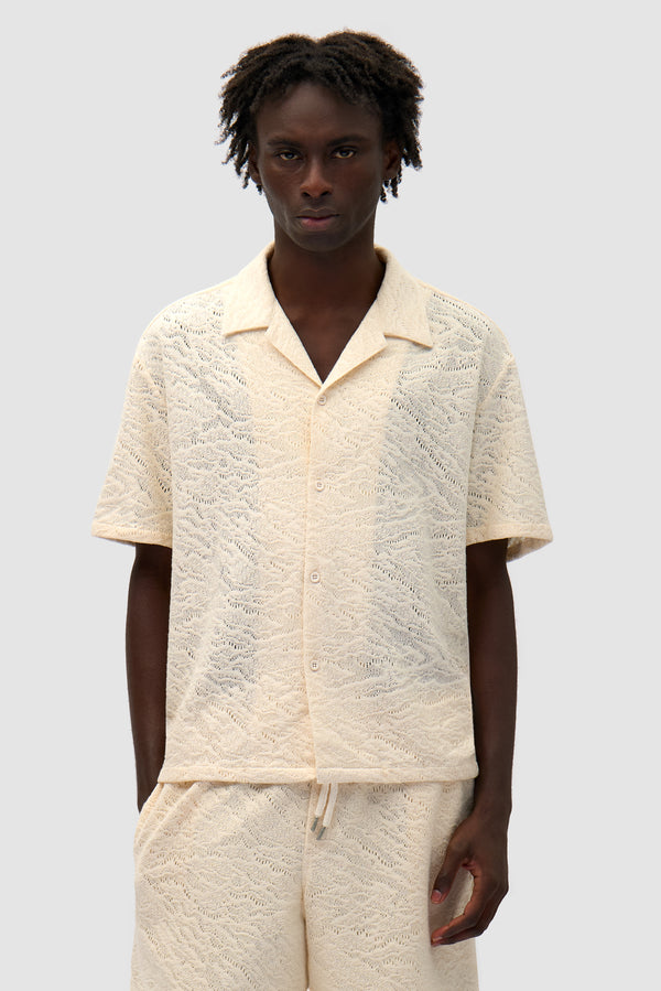 Crochet Shirt in Cream worn by a model, half-body front view