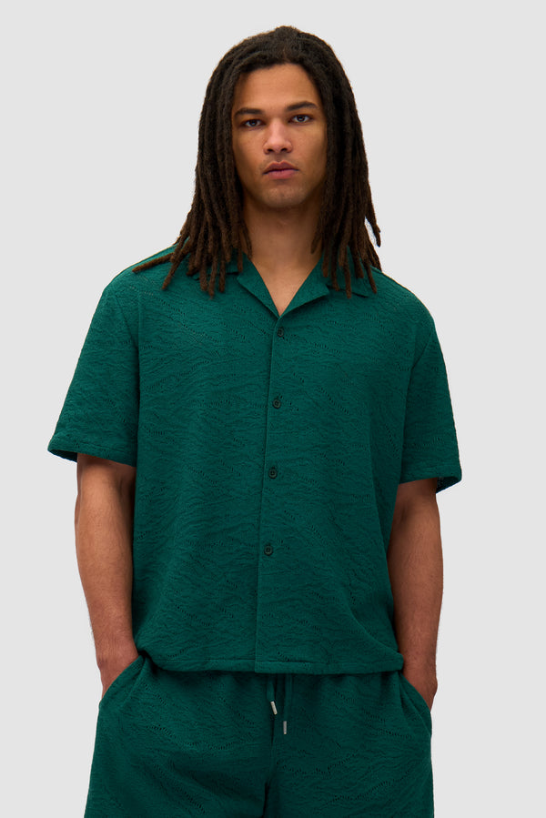 Crochet Shirt in Green worn by a model, half-body front view