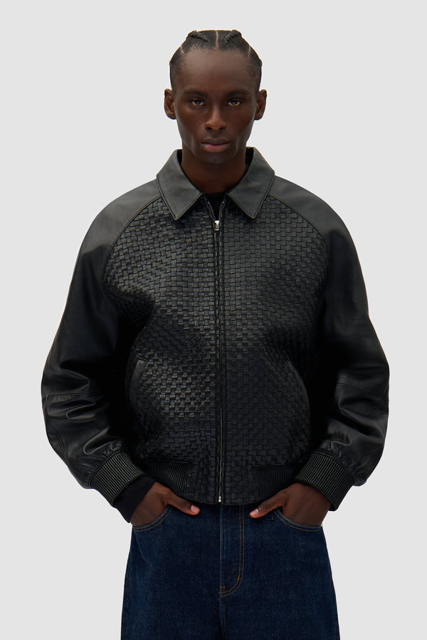 Square Leather Jacket in Black worn by a model, half-body front view