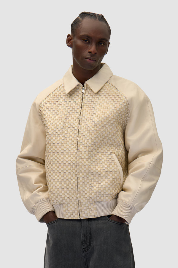 Square Leather Jacket in Cream worn by a model, half-body front view