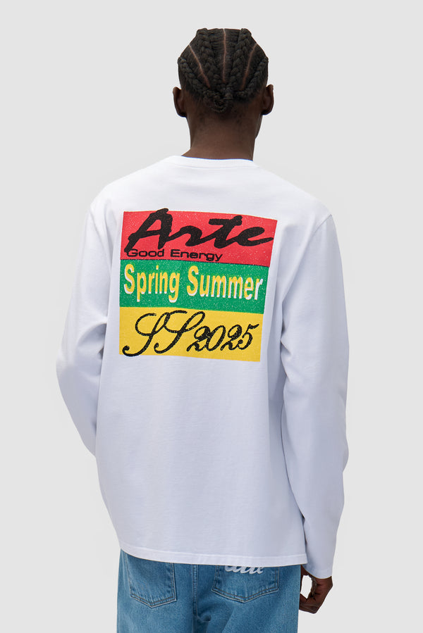 Color Print Longsleeve in White worn by a model, half-body back view