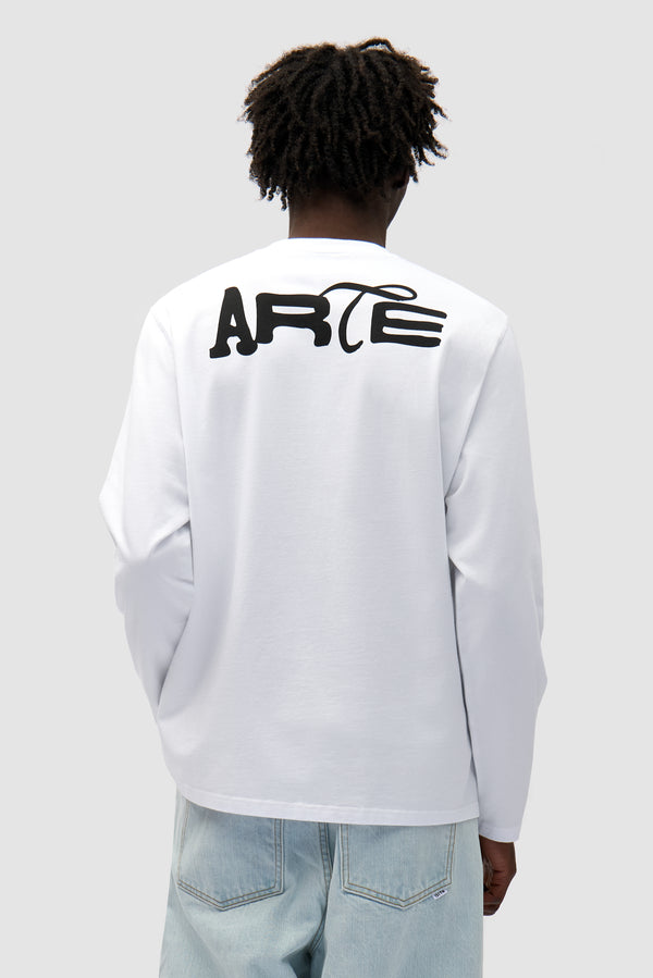 Good Energy Longsleeve in White worn by a model, half-body back view