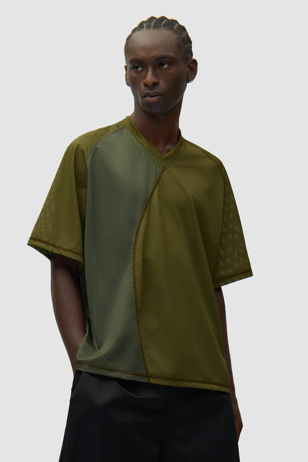 Multi Mesh T-shirt in Green worn by a model, half-body front view