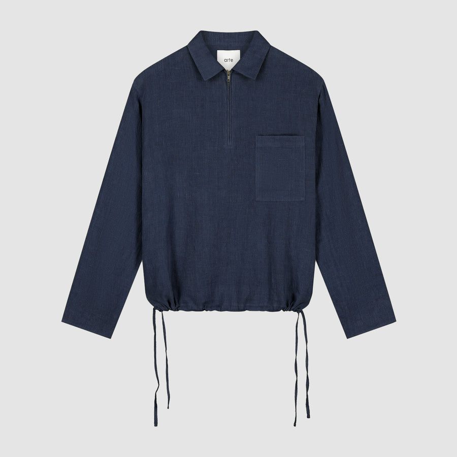 Pull à fermeture éclair quart de longueur en lin - Bleu marine