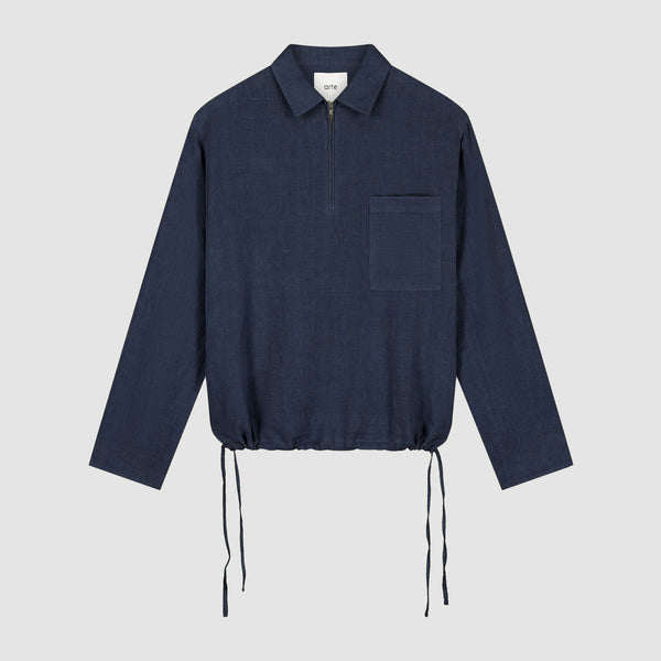Linen Quarter Zip Pullover - Navy – Arte Antwerp