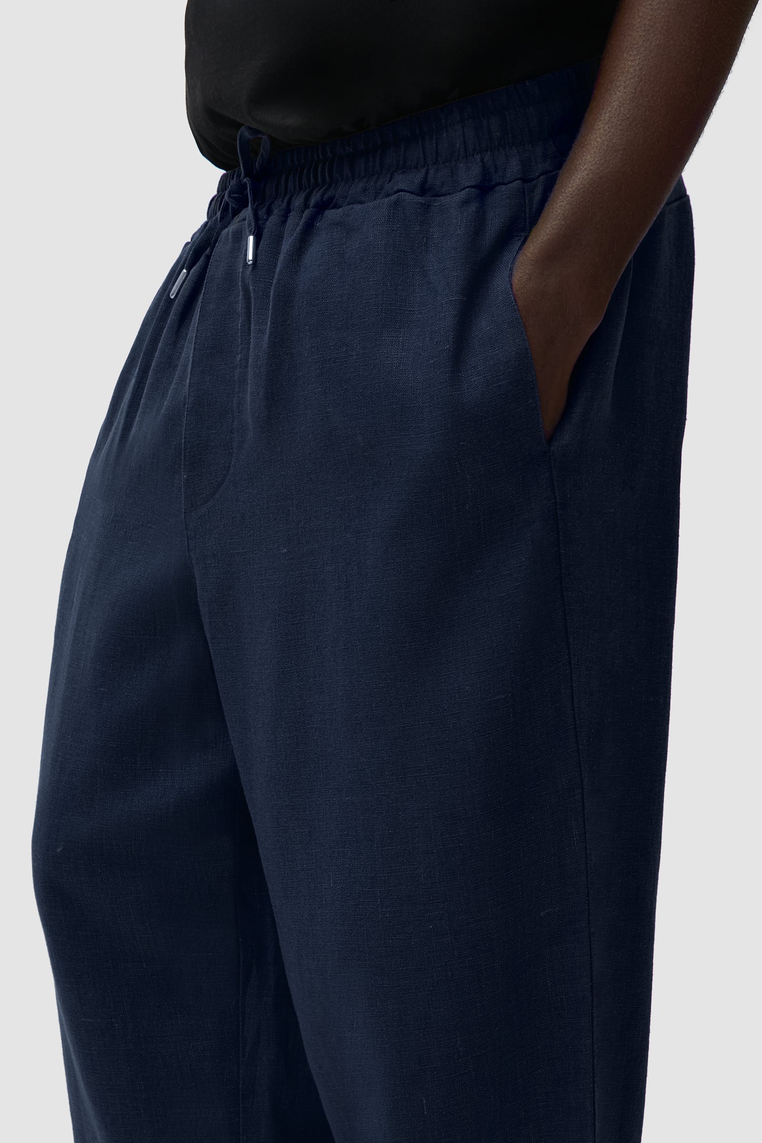Detail view of Linen Pants in Navy, showing side pockets