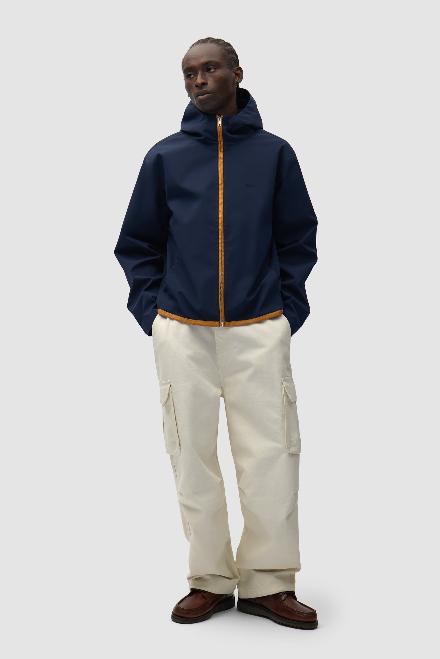 Linen Tape Hooded Jacket in Navy worn by a model, full-body front view