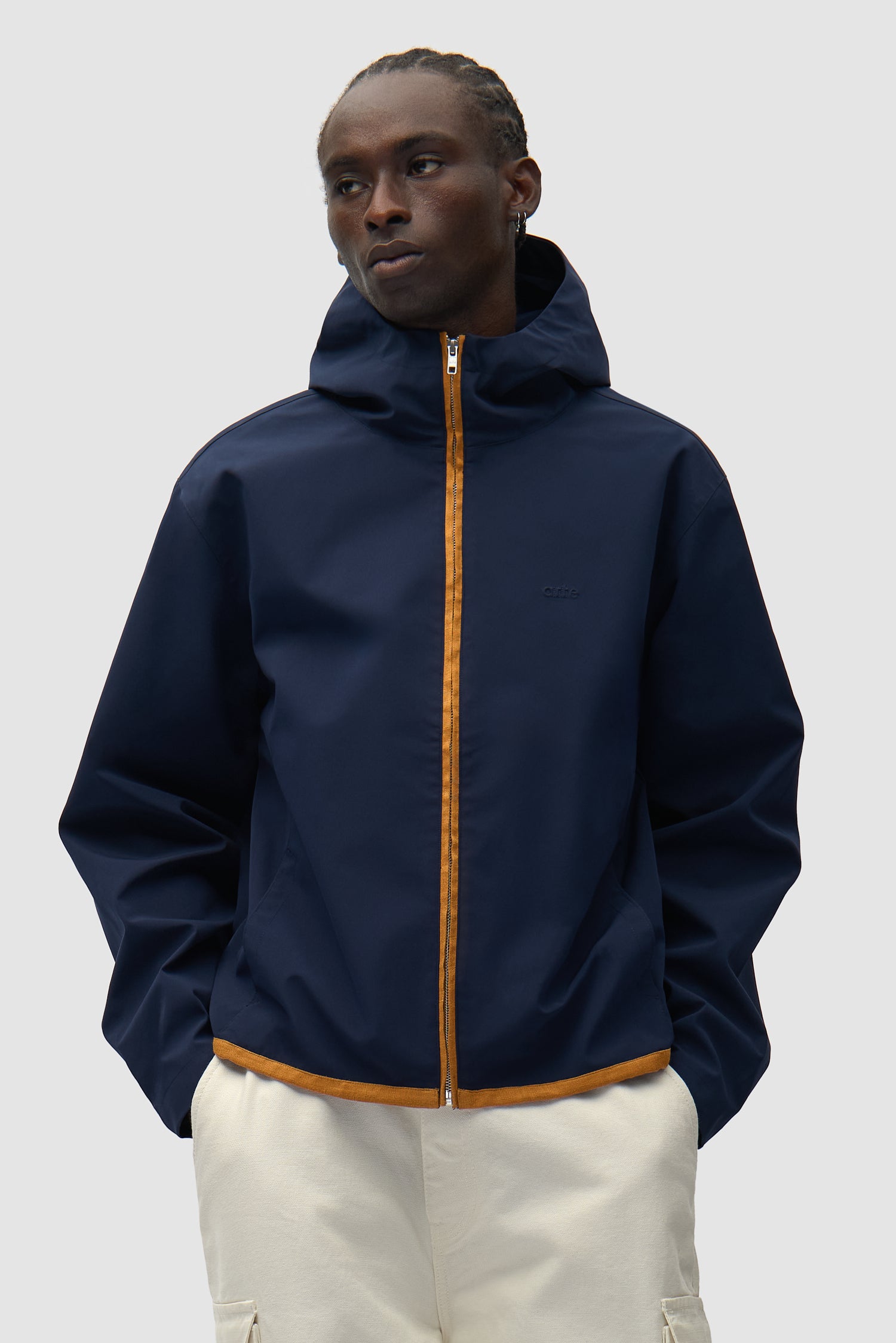 Linen Tape Hooded Jacket in Navy worn by a model, half-body front view