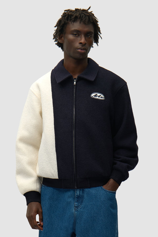 Wool Varsity Jacket in Blue/White worn by a model, half-body front view