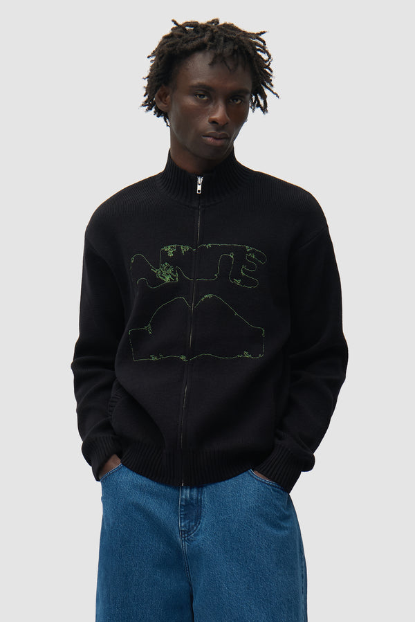 Diels Collar Cardigan in Black worn by a model, half-body front view