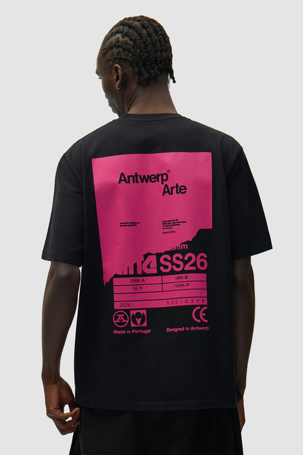 Back Poster T-shirt in Black worn by a model, half-body back view