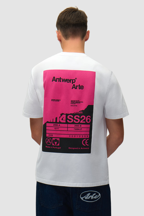 Back Poster T-shirt in White worn by a model, half-body back view